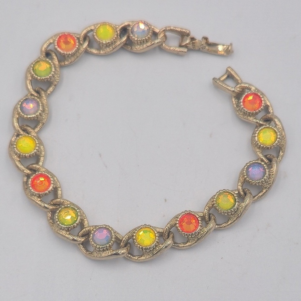 VTG 1970 Sarah Coventry Moon-Lites Iridescent Rhinestone Gold Tone Link Bracelet